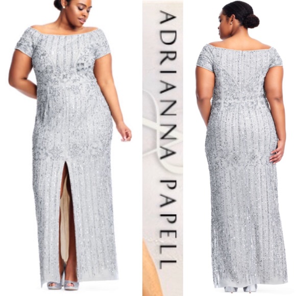 Adrianna Papell off shoulder beaded long gown - Picture 3 of 12